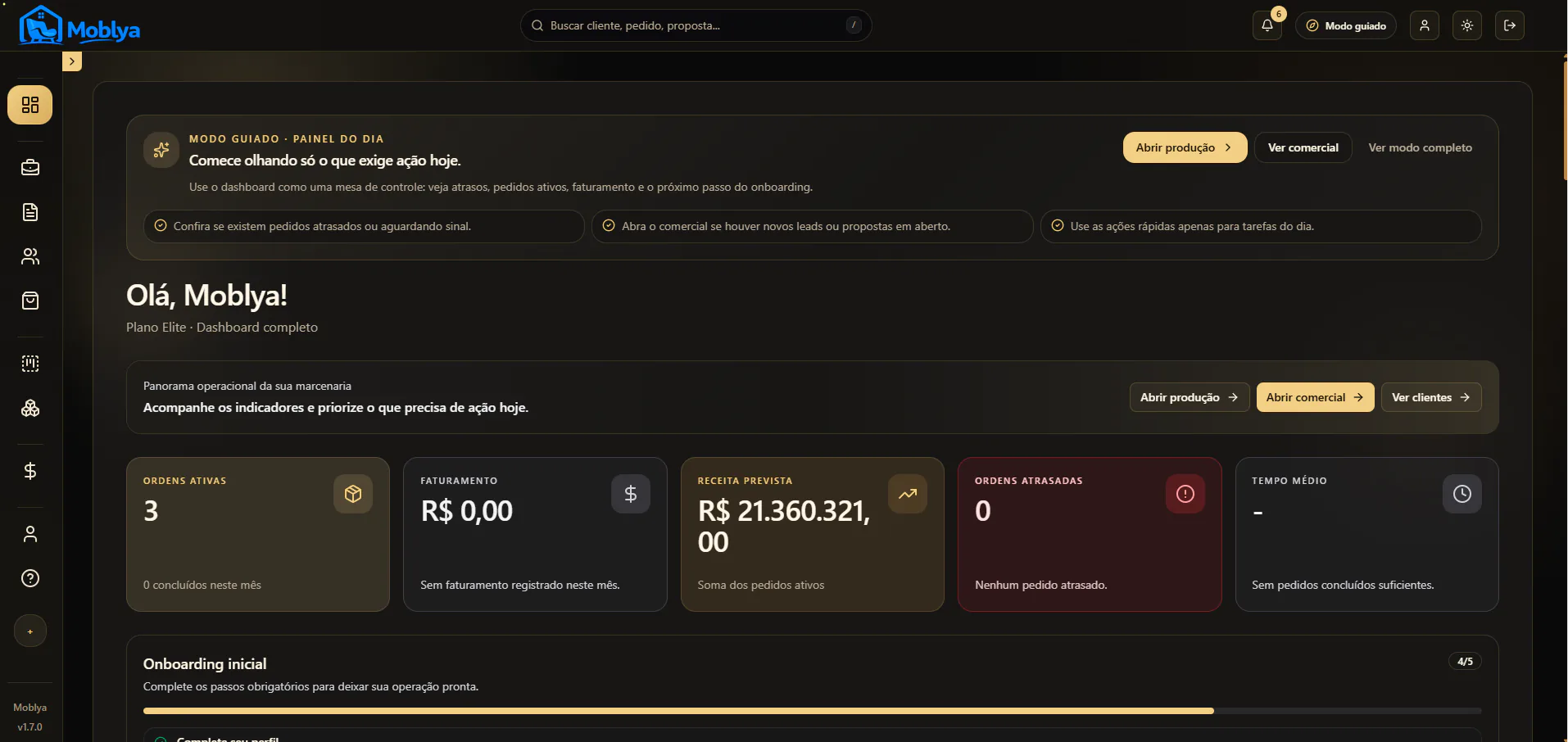 Dashboard operacional do Moblya para gestão de marcenarias